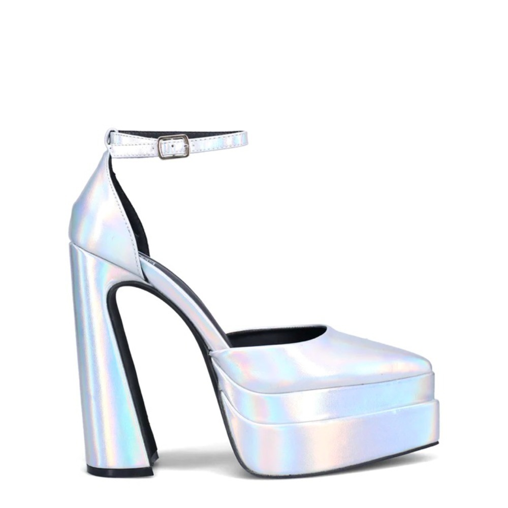 Holographic Silver Platform Ankle-Strap Heels